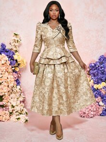 Fleurora 大尺碼女款緹花優雅派對場合裙 - 金色 - 查看 7