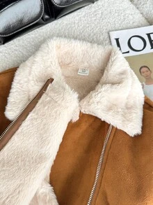 SHEIN Tween Girls Autumn/Winter New Kids Brown Faux Fur Collar Short Jacket - Brown - View 6