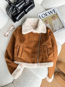 SHEIN Tween Girls Autumn/Winter New Kids Brown Faux Fur Collar Short Jacket - Brown - View 3