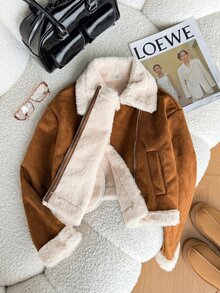 SHEIN Tween Girls Autumn/Winter New Kids Brown Faux Fur Collar Short Jacket - Brown - View 4