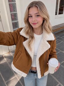 SHEIN Tween Girls Autumn/Winter New Kids Brown Faux Fur Collar Short Jacket - Brown - View 1