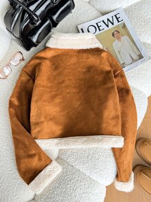 SHEIN Tween Girls Autumn/Winter New Kids Brown Faux Fur Collar Short Jacket - Brown - View 2