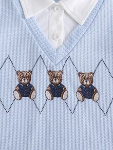 SHEIN 2件組小男孩套裝，兒童針織舒適長袖 Polo 2合1衛衣，胸前時尚帥氣小眾設計印花上衣，搭配卡其色休閒長褲，彈性腰頭設計，寬鬆版型，適合秋季度假、上學、日常外出等場合 - 藍色 - 查看 4
