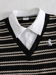 SHEIN 2件組小男孩套裝，兒童針織舒適長袖 Polo 2合1衛衣，時尚帥氣中小童胸前印花小眾設計上衣，搭配卡其色休閒長褲，彈性腰頭設計，寬鬆版型，適合秋季度假、上學、日常外出等多種場合 - 黑色 - 查看 5