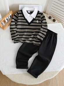 SHEIN 2件組小男孩套裝，兒童針織舒適長袖 Polo 2合1衛衣，時尚帥氣中小童胸前印花小眾設計上衣，搭配卡其色休閒長褲，彈性腰頭設計，寬鬆版型，適合秋季度假、上學、日常外出等多種場合 - 黑色 - 查看 9