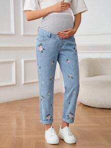 SHEIN Celana Jeans Kasual untuk Ibu Hamil dengan Bordir Bunga - Light Wash - View 3