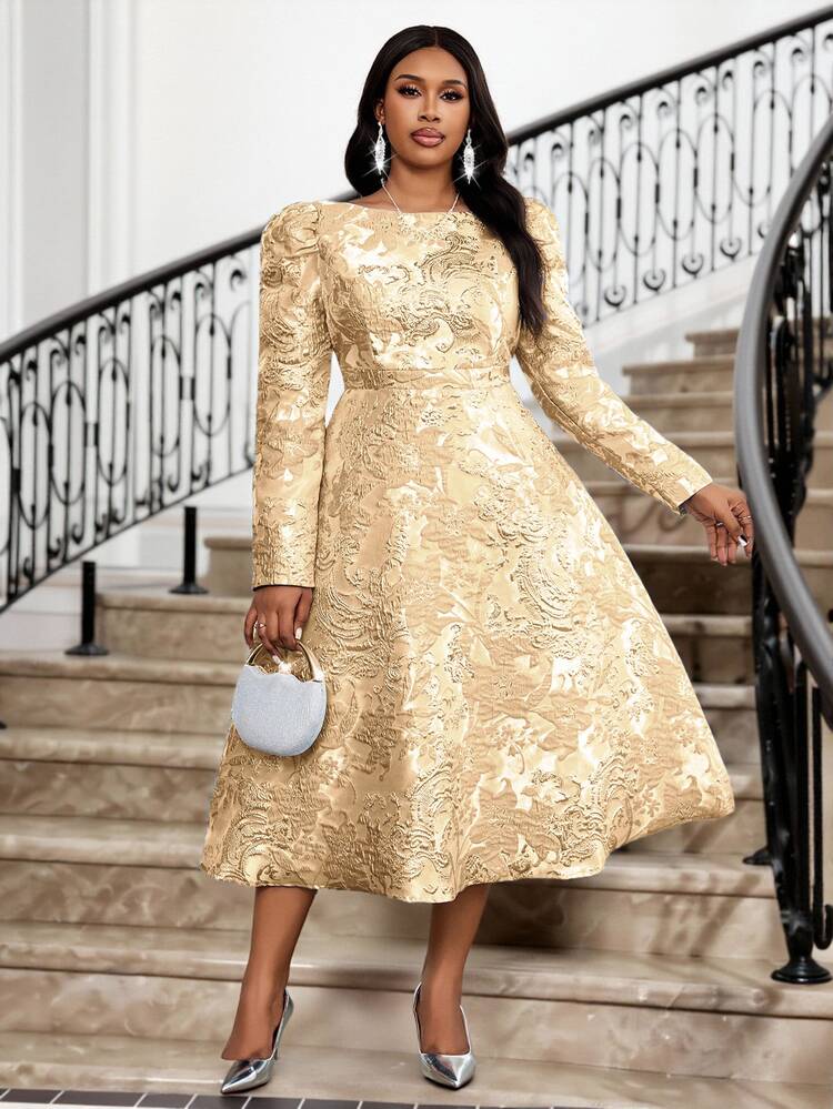 Fleurora Women's Plus Size Elegant Gold Dress,Winter Round Neck Raglan Long Sleeve Embroidered Brocade Jacquard Midi Floral Dress,Wedding Guest Party Gown Fall - Champagne - View 4