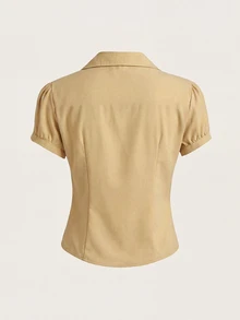 SHEIN Unity V-Neck Ruched Cutout Waist-Cinching Fitted Short Sleeve Blouse For Women, Office Wear Party Birthday Brown Summer 70s Retro Elegant - Khaki - View 2