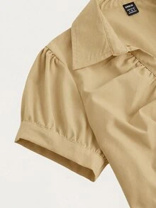 SHEIN Unity V-Neck Ruched Cutout Waist-Cinching Fitted Short Sleeve Blouse For Women, Office Wear Party Birthday Brown Summer 70s Retro Elegant - Khaki - View 4