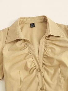 SHEIN Unity V-Neck Ruched Cutout Waist-Cinching Fitted Short Sleeve Blouse For Women, Office Wear Party Birthday Brown Summer 70s Retro Elegant - Khaki - View 3