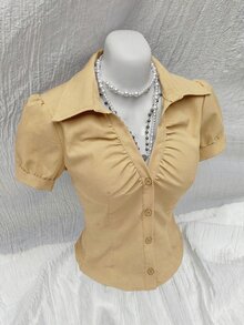 SHEIN Unity V-Neck Ruched Cutout Waist-Cinching Fitted Short Sleeve Blouse For Women, Office Wear Party Birthday Brown Summer 70s Retro Elegant - Khaki - View 5