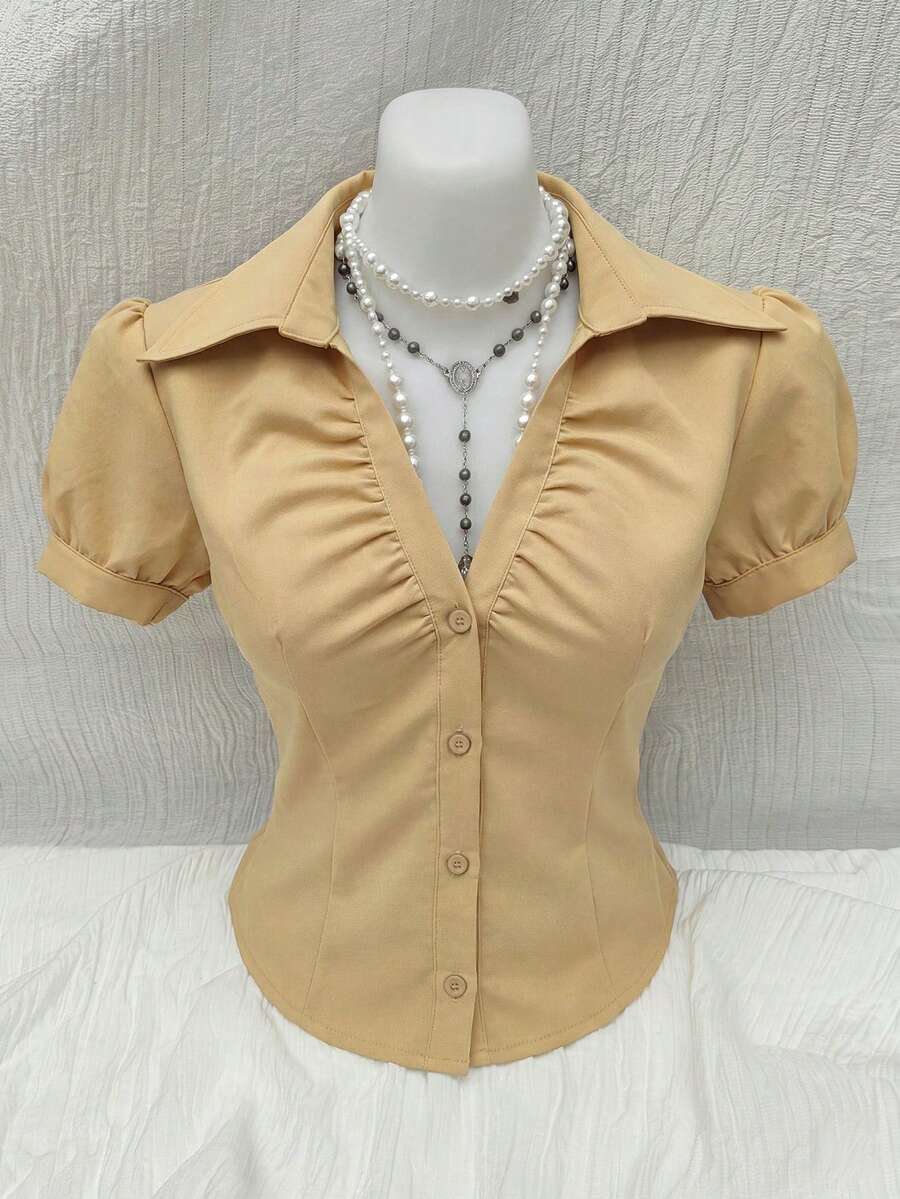 SHEIN Unity V-Neck Ruched Cutout Waist-Cinching Fitted Short Sleeve Blouse For Women, Office Wear Party Birthday Brown Summer 70s Retro Elegant - Khaki - View 1