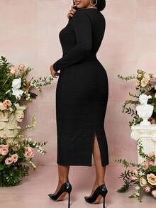 Fleurora Plus Size Elegant Sexy Casual Formal Solid Color Textured Slim Fit Skirt Black Summer Dinner Formal Evening Office - Black - View 2
