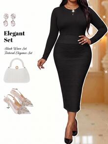 Fleurora Plus Size Elegant Sexy Casual Formal Solid Color Textured Slim Fit Skirt Black Summer Dinner Formal Evening Office - Black - View 1