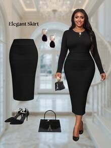 Fleurora Plus Size Elegant Sexy Casual Formal Solid Color Textured Slim Fit Skirt Black Summer Dinner Formal Evening Office - Black - View 5