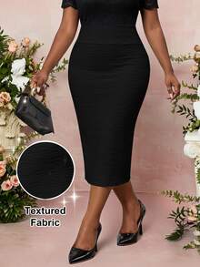 Fleurora Plus Size Elegant Sexy Casual Formal Solid Color Textured Slim Fit Skirt Black Summer Dinner Formal Evening Office - Black - View 6