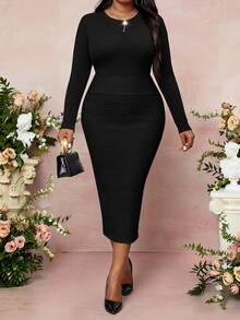 Fleurora Plus Size Elegant Sexy Casual Formal Solid Color Textured Slim Fit Skirt Black Summer Dinner Formal Evening Office - Black - View 4