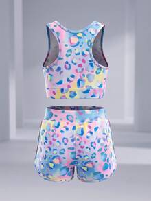 SHEIN 女童時尚背心運動套裝，時尚粉色豹紋運動套裝，褲子簡單粉色純色 + 粉色豹紋配色設計，防走光訓練套裝，女童跑步運動服，健身訓練套裝 - 紫色 - 查看 4
