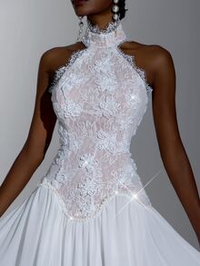 Elitara Vestido de novia elegante y minimalista de moda con encaje de lentejuelas blancas, patchwork de gasa, lentejuelas hechas a mano, cadena, cuello alto y corte en A - Blanco - Ver 3