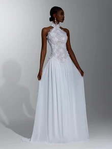 Elitara Vestido de novia elegante y minimalista de moda con encaje de lentejuelas blancas, patchwork de gasa, lentejuelas hechas a mano, cadena, cuello alto y corte en A - Blanco - Ver 5