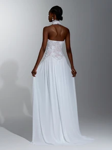 Elitara Vestido de novia elegante y minimalista de moda con encaje de lentejuelas blancas, patchwork de gasa, lentejuelas hechas a mano, cadena, cuello alto y corte en A - Blanco - Ver 4