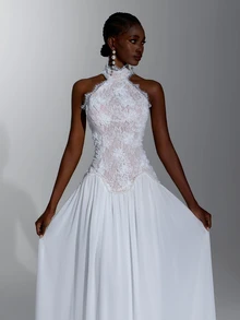 Elitara Vestido de novia elegante y minimalista de moda con encaje de lentejuelas blancas, patchwork de gasa, lentejuelas hechas a mano, cadena, cuello alto y corte en A - Blanco - Ver 7