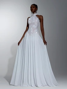 Elitara Vestido de novia elegante y minimalista de moda con encaje de lentejuelas blancas, patchwork de gasa, lentejuelas hechas a mano, cadena, cuello alto y corte en A - Blanco - Ver 2
