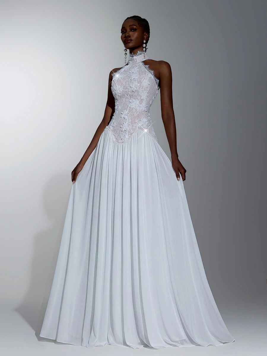 Elitara Vestido de novia elegante y minimalista de moda con encaje de lentejuelas blancas, patchwork de gasa, lentejuelas hechas a mano, cadena, cuello alto y corte en A