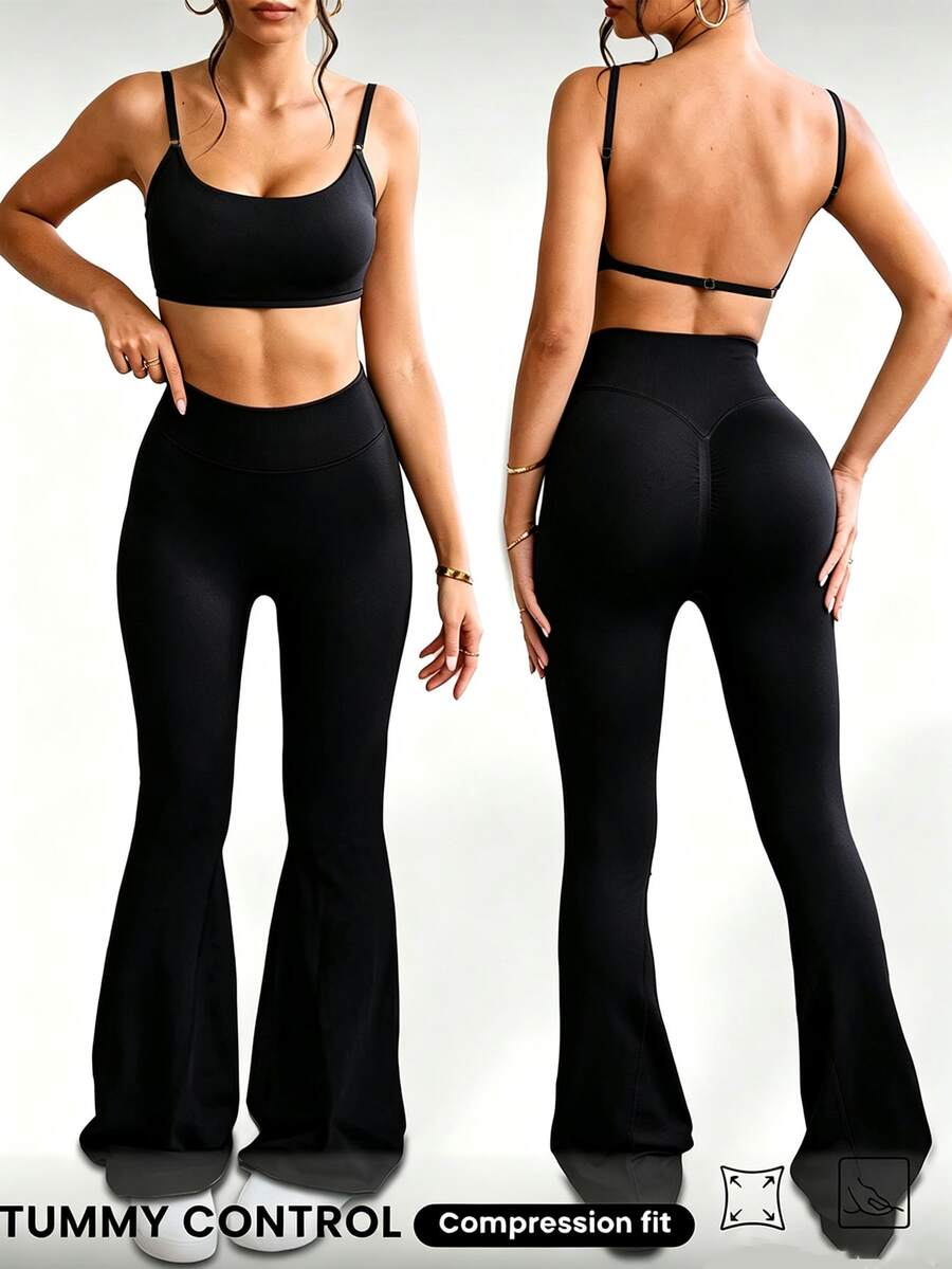 SHEIN Set Olahraga Wanita Tanpa Jahitan, Terbuat dari Kamisol Ultra Pendek Tanpa Punggung dan Celana Flare Warna Polos - Hitam - View 1