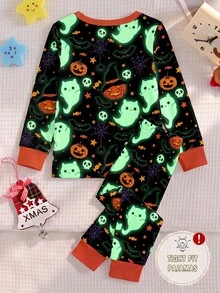 SHEIN 2件組嬰幼兒長袖長褲緊身居家服套裝，中性嬰兒萬聖節螢光卡通南瓜幽靈蝙蝠印花長袖長褲兩件套，舒適彈性嬰兒睡衣套裝，兒童節日氛圍底層居家服 - 彩色 - 查看 2