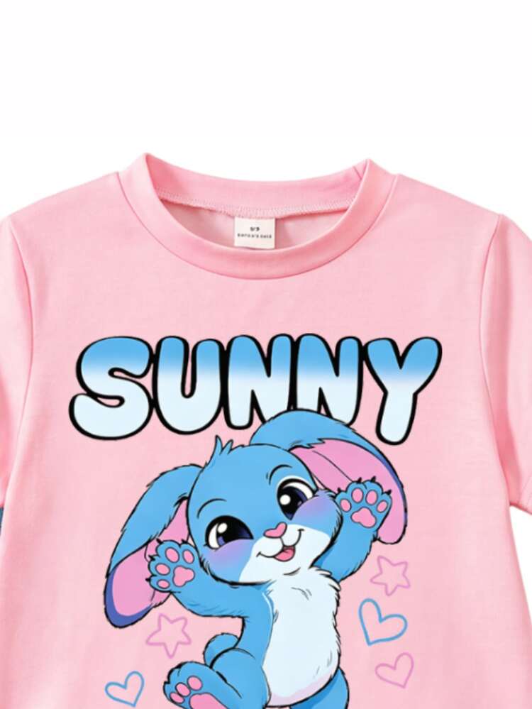 SHEIN Girl's Cute Pink Cartoon Pattern Top, Paired With Denim Printed Straight Leg Pants, Suitable For Daily Play And Holiday Gatherings. - Multicolor - View 3