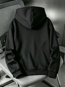 青少年男孩秋冬保暖內裡加厚連帽衛衣，深色系十字印花套頭衫，寬鬆版型袋鼠口袋休閒衛衣 - 黑色 - 查看 2