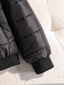 SHEIN 少女女童冬季外套 鋪棉連帽夾克 毛邊飾色塊設計 - 黑色 - 查看 3