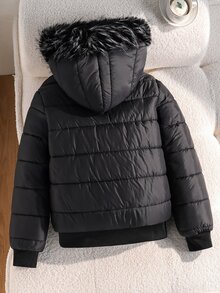 SHEIN 少女女童冬季外套 鋪棉連帽夾克 毛邊飾色塊設計 - 黑色 - 查看 2