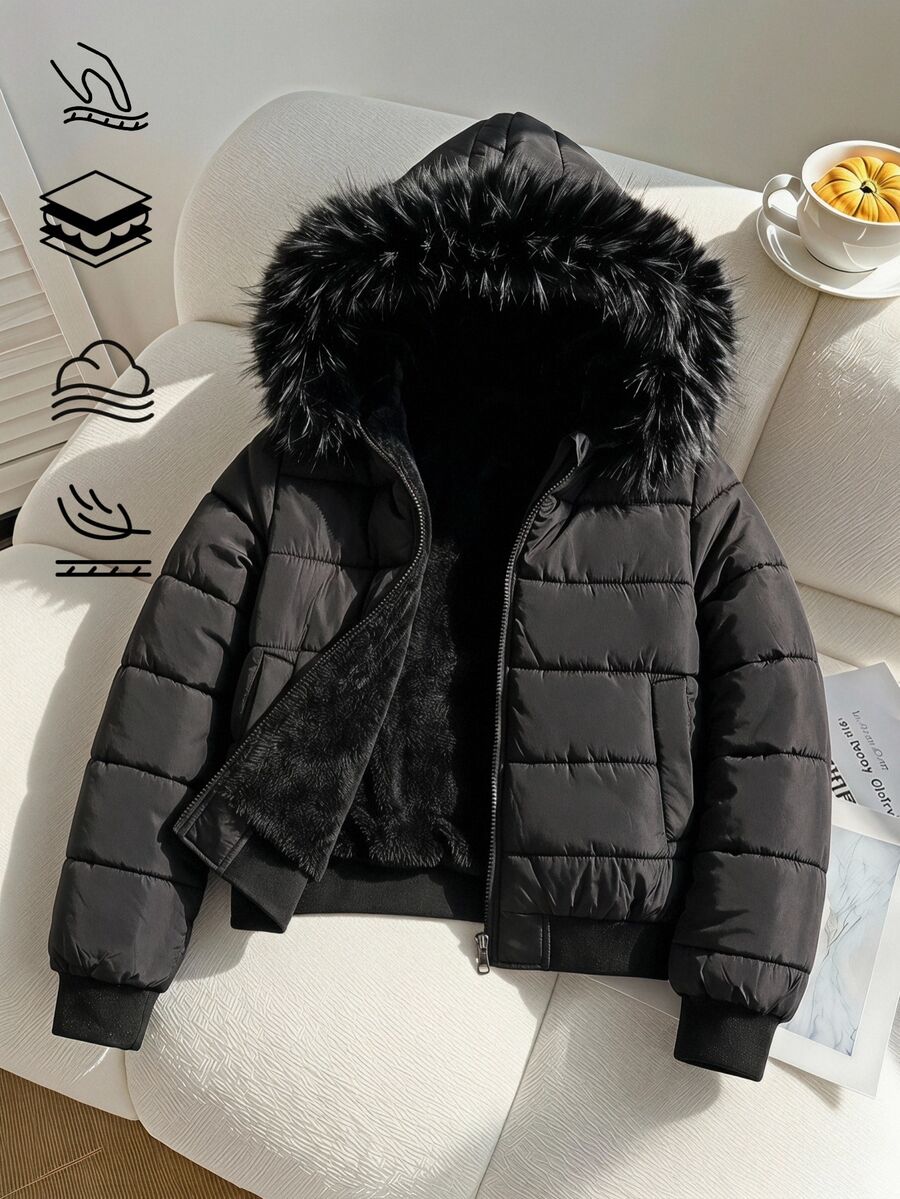 SHEIN 少女女童冬季外套 鋪棉連帽夾克 毛邊飾色塊設計 - 黑色 - 查看 1