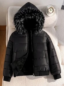 SHEIN 少女女童冬季外套 鋪棉連帽夾克 毛邊飾色塊設計 - 黑色 - 查看 8