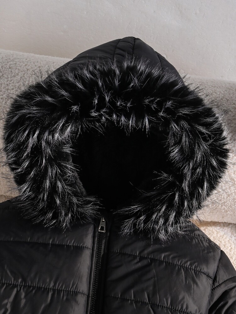 SHEIN Tween Girl Clothes Coats For Girls Girls Winter Coat Girls Puffer Jacket Hooded Fur Trim Color Block - Black - View 4
