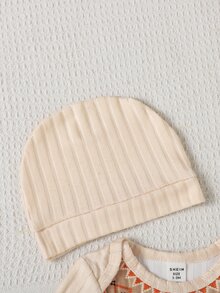 SHEIN 2pcs Newborn Girl Romper Beanie Set Cute Beige Orange Rabbit Fair Isle Rib Long Sleeve Round Neck Regular Photography Fall Winter Cozy Princess Snaps - Yellow - View 5