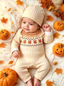 SHEIN 2pcs Newborn Girl Romper Beanie Set Cute Beige Orange Rabbit Fair Isle Rib Long Sleeve Round Neck Regular Photography Fall Winter Cozy Princess Snaps - Yellow - View 12