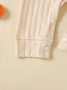 SHEIN 2pcs Newborn Girl Romper Beanie Set Cute Beige Orange Rabbit Fair Isle Rib Long Sleeve Round Neck Regular Photography Fall Winter Cozy Princess Snaps - Yellow - View 6