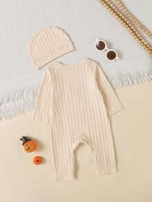 SHEIN 2pcs Newborn Girl Romper Beanie Set Cute Beige Orange Rabbit Fair Isle Rib Long Sleeve Round Neck Regular Photography Fall Winter Cozy Princess Snaps - Yellow - View 3