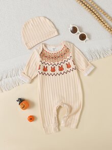 SHEIN 2pcs Newborn Girl Romper Beanie Set Cute Beige Orange Rabbit Fair Isle Rib Long Sleeve Round Neck Regular Photography Fall Winter Cozy Princess Snaps - Yellow - View 9