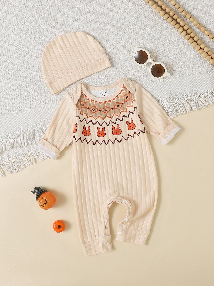 SHEIN 2pcs Newborn Girl Romper Beanie Set Cute Beige Orange Rabbit Fair Isle Rib Long Sleeve Round Neck Regular Photography Fall Winter Cozy Princess Snaps