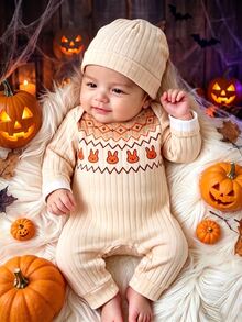 SHEIN 2pcs Newborn Girl Romper Beanie Set Cute Beige Orange Rabbit Fair Isle Rib Long Sleeve Round Neck Regular Photography Fall Winter Cozy Princess Snaps - Yellow - View 2