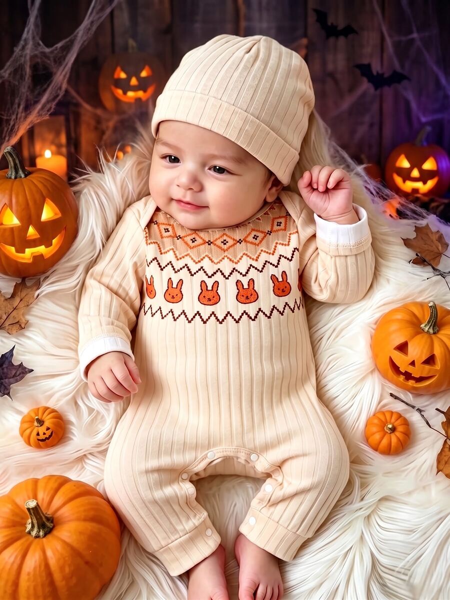 SHEIN 2pcs Newborn Girl Romper Beanie Set Cute Beige Orange Rabbit Fair Isle Rib Long Sleeve Round Neck Regular Photography Fall Winter Cozy Princess Snaps