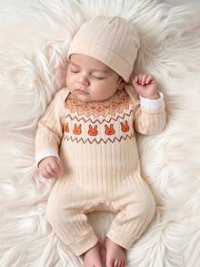 SHEIN 2pcs Newborn Girl Romper Beanie Set Cute Beige Orange Rabbit Fair Isle Rib Long Sleeve Round Neck Regular Photography Fall Winter Cozy Princess Snaps - Yellow - View 10
