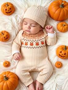 SHEIN 2pcs Newborn Girl Romper Beanie Set Cute Beige Orange Rabbit Fair Isle Rib Long Sleeve Round Neck Regular Photography Fall Winter Cozy Princess Snaps - Yellow - View 11