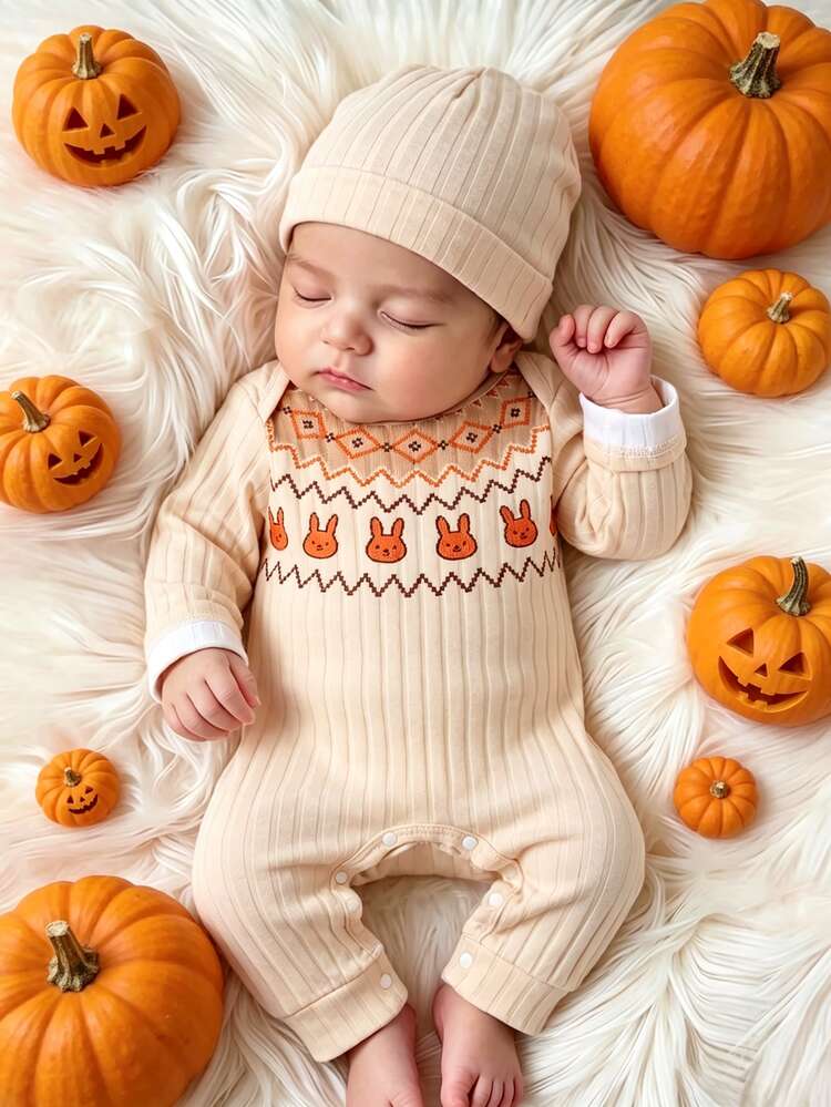 SHEIN 2pcs Newborn Girl Romper Beanie Set Cute Beige Orange Rabbit Fair Isle Rib Long Sleeve Round Neck Regular Photography Fall Winter Cozy Princess Snaps - Yellow - View 10