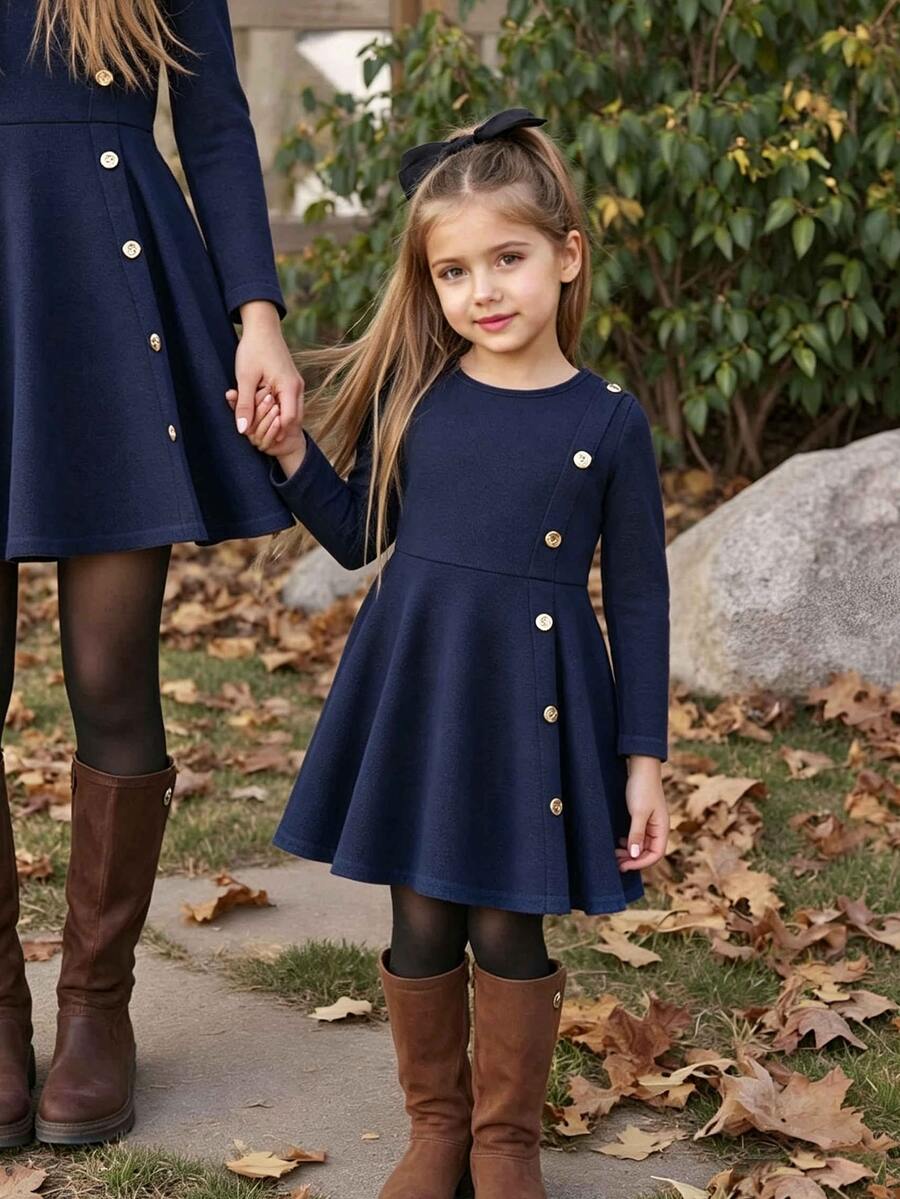 Emery Rose Kids Emery Rose Kids 女童优雅休闲圆领套头开叉设计中长连衣裙，适合上学、日常休闲装、秋冬幼儿女孩生日女孩妈妈和我搭配万圣节返校秋季女童海军蓝连衣裙幼儿女孩海军蓝连衣裙女童长袖连衣裙女童纽扣连衣裙小女孩海军蓝连衣裙女童海军蓝连衣裙