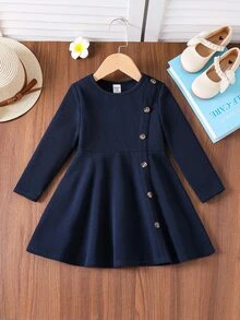 Emery Rose Kids Emery Rose Kids 女童优雅休闲圆领套头开叉设计中长连衣裙，适合上学、日常休闲装、秋冬幼儿女孩生日女孩妈妈和我搭配万圣节返校秋季女童海军蓝连衣裙幼儿女孩海军蓝连衣裙女童长袖连衣裙女童纽扣连衣裙小女孩海军蓝连衣裙女童海军蓝连衣裙 - 寶藍色 - 查看 3